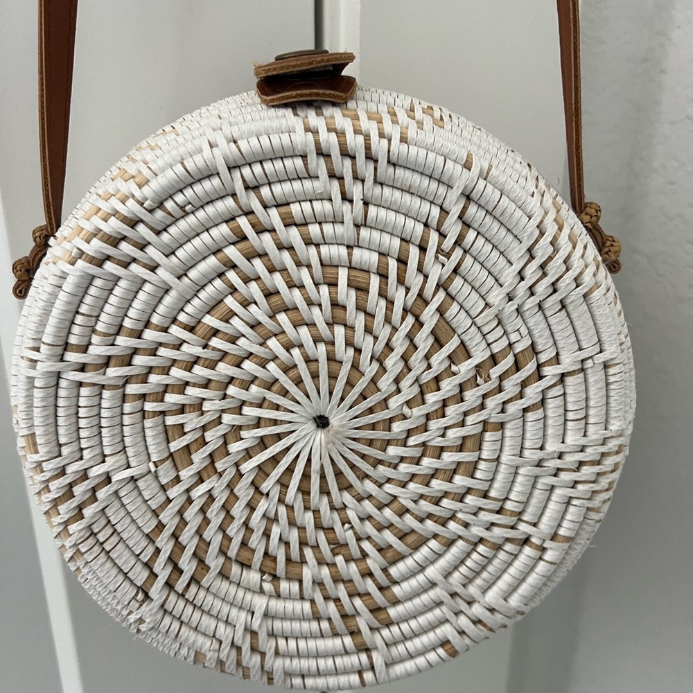 Elegant White and Brown Round Crossbody Bag